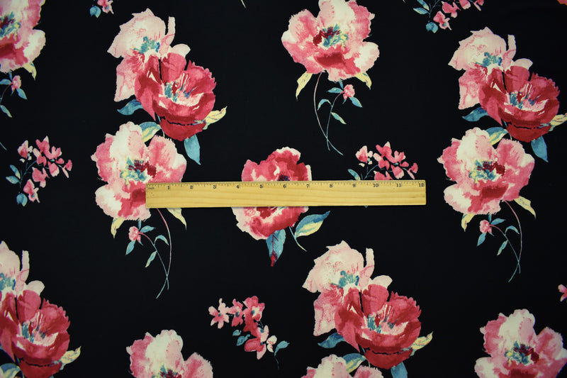 Black-Multi Poly Stretch Floral Printed Brushed Jersey Knit Fabric