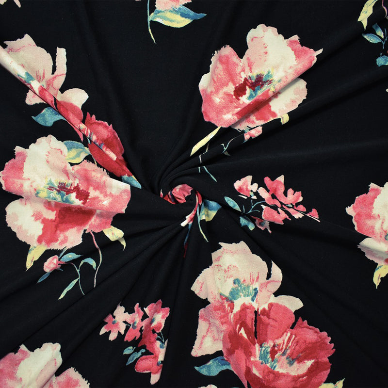 Black-Multi Poly Stretch Floral Printed Brushed Jersey Knit Fabric