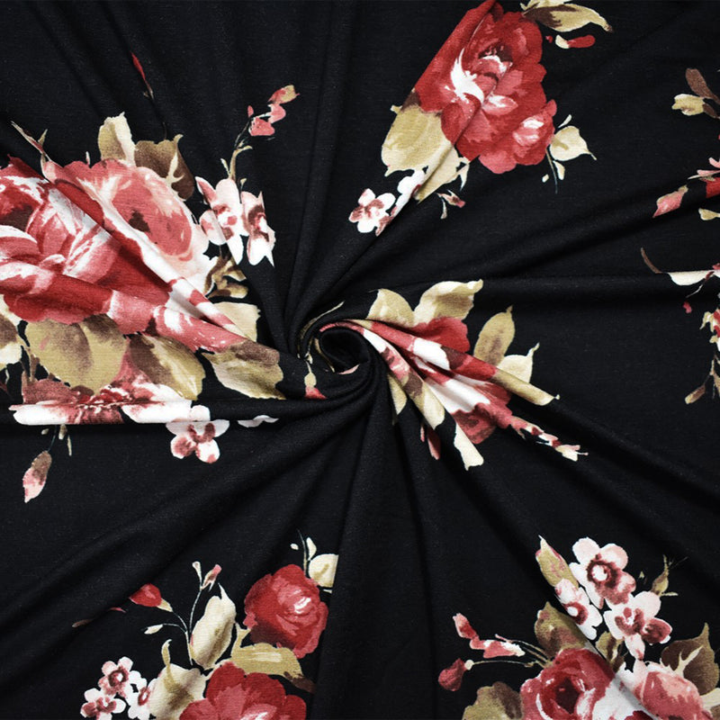 Black-Red-Multi Rayon Stretch Spandex Floral Jersey Knit Fabric