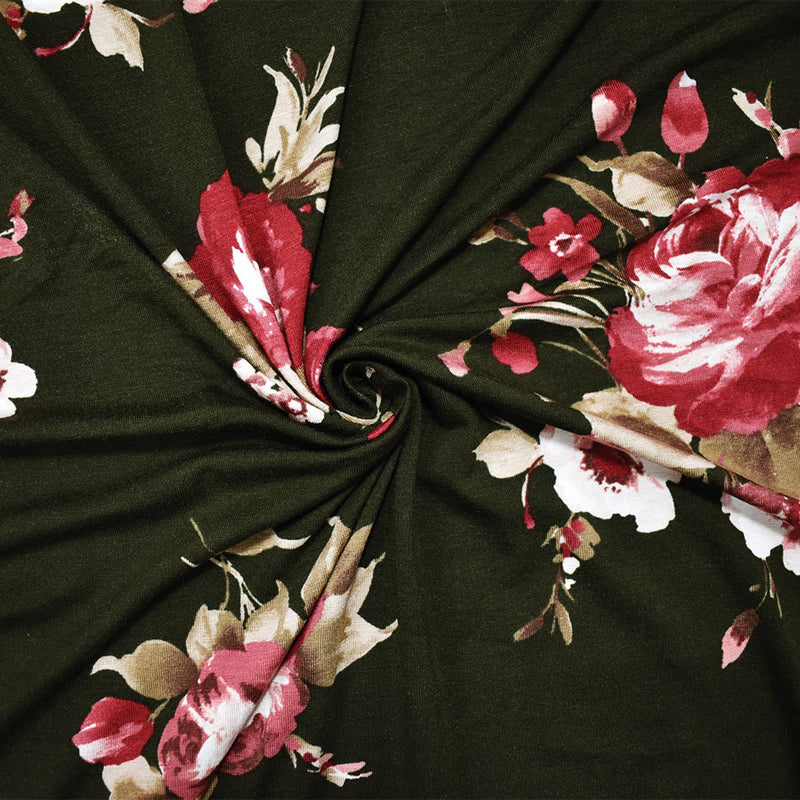 Green-Red-Multi Rayon Stretch Spandex Floral Jersey Knit Fabric