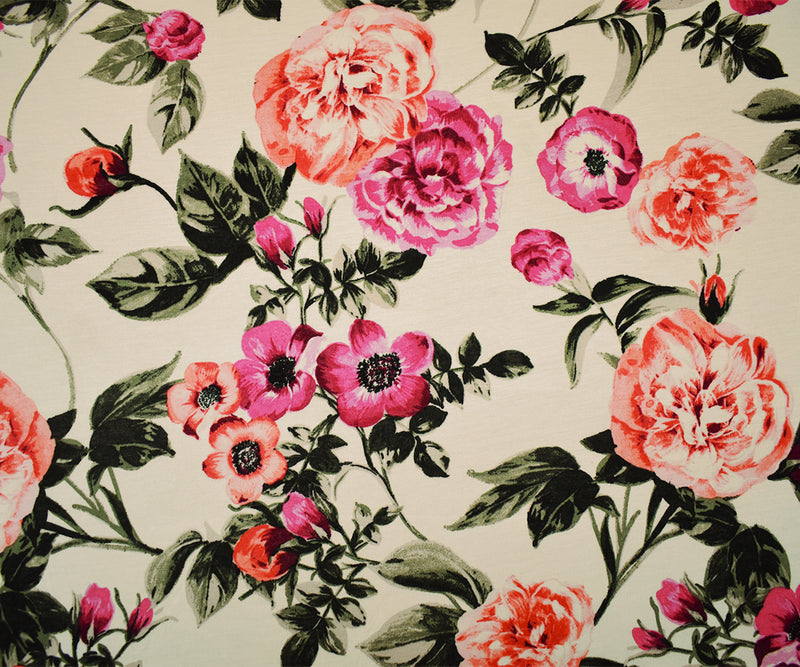 3 3/4 YD PC-Ivory-Multi Rayon Stretch Spandex Floral Print Jersey Knit Fabric