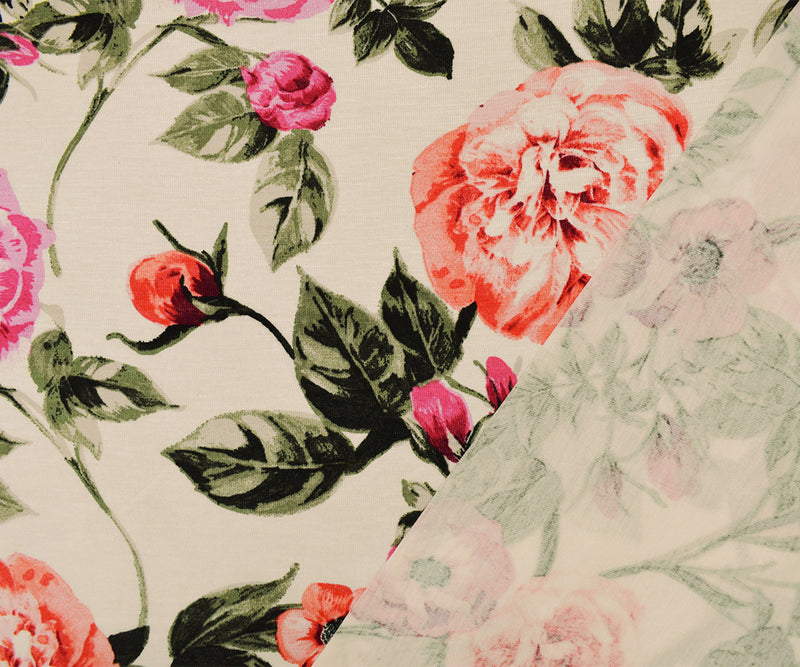 Ivory-Multi Rayon Stretch Spandex Floral Print Jersey Knit Fabric