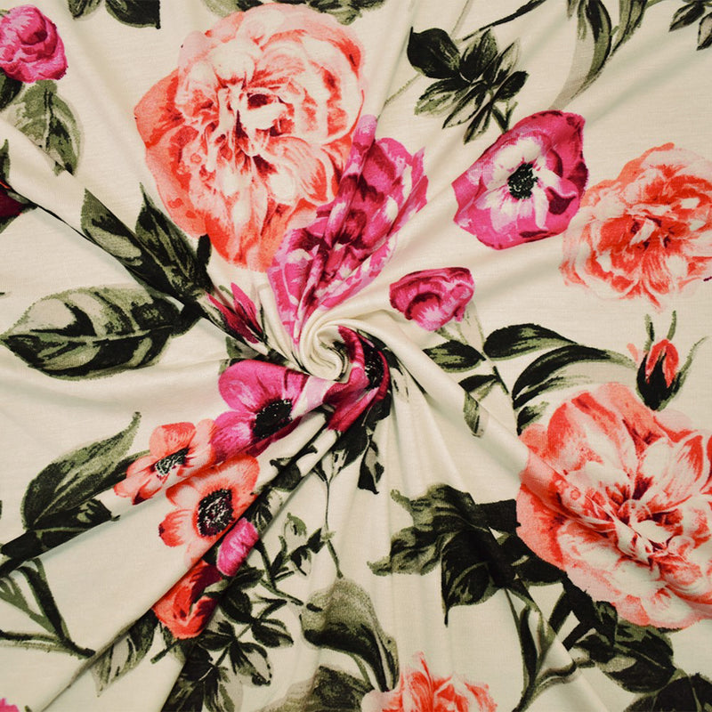 5 YD PC-Ivory-Multi Rayon Stretch Spandex Floral Print Jersey Knit Fabric
