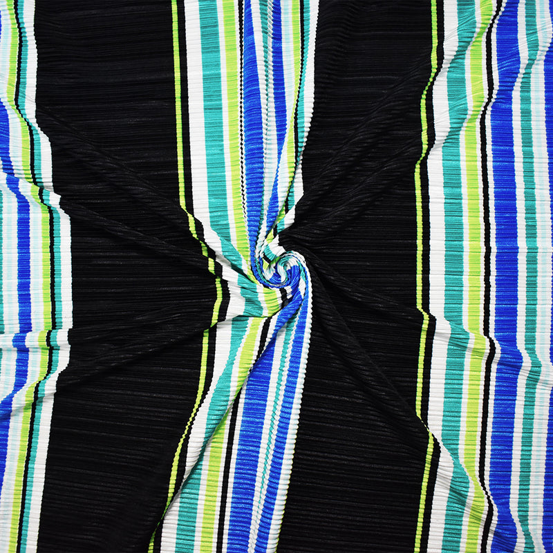 Black-Multi Poly Stretch Spandex Stripe Print Pleated Interlock Knit Fabric