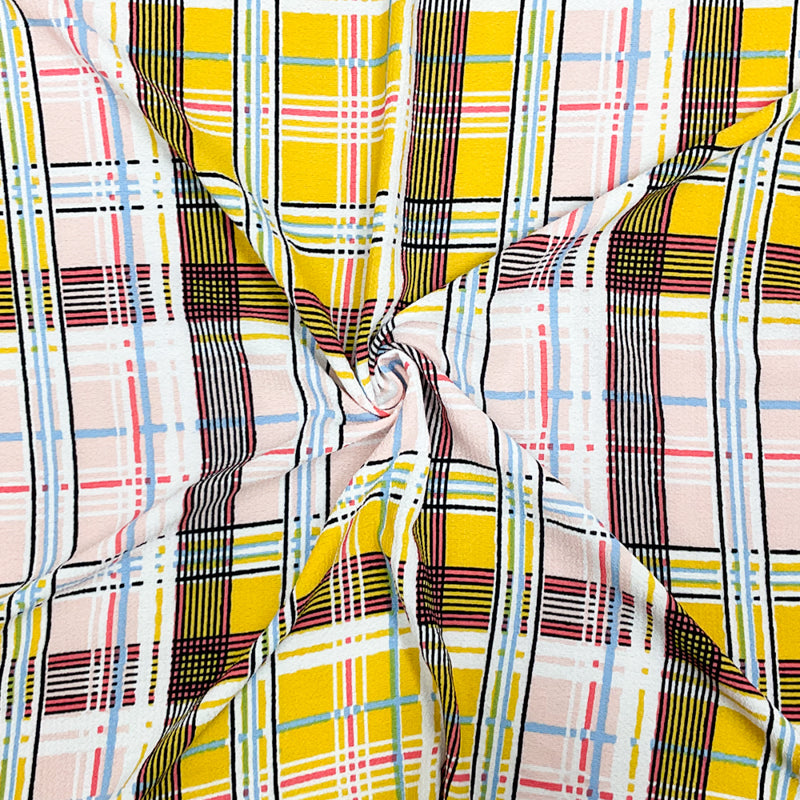 Yellow-Pink-Multi Poly Plaid Printed Pebble Crepe Woven Fabric