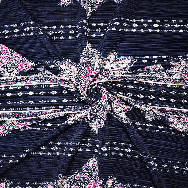 Blue-Multi Poly Stretch Baroque Floral Print Pleated Interlock Knit Fabric