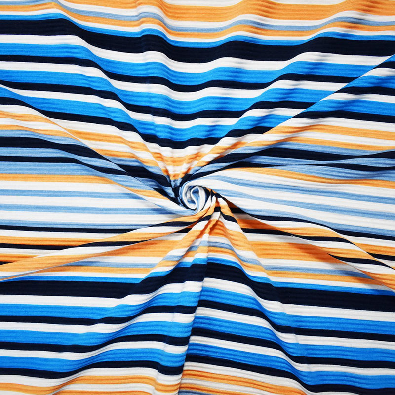 Black-Multi Poly Stretch Spandex Stripe Print Pleated Jersey Knit Fabric