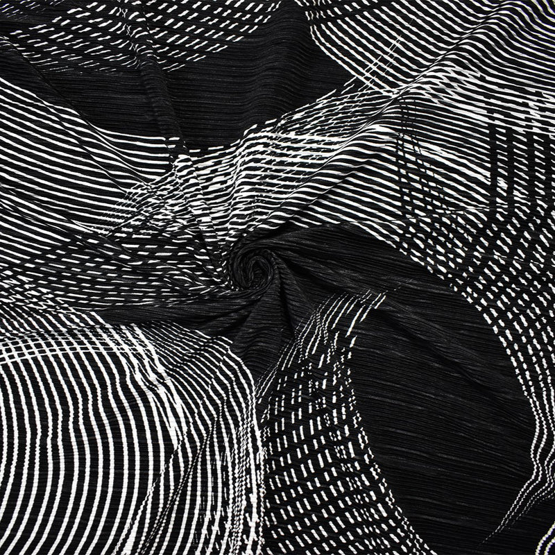 Black-White Poly Stretch Spandex Abstract Print Pleat Interlock Knit Fabric