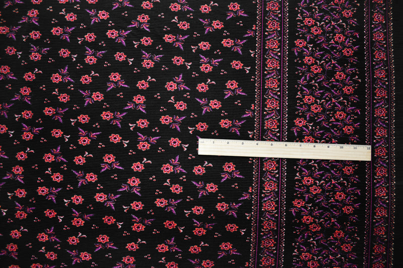 Black-Multi Poly Stretch Spandex Floral Print Pleated Interlock Knit Fabric
