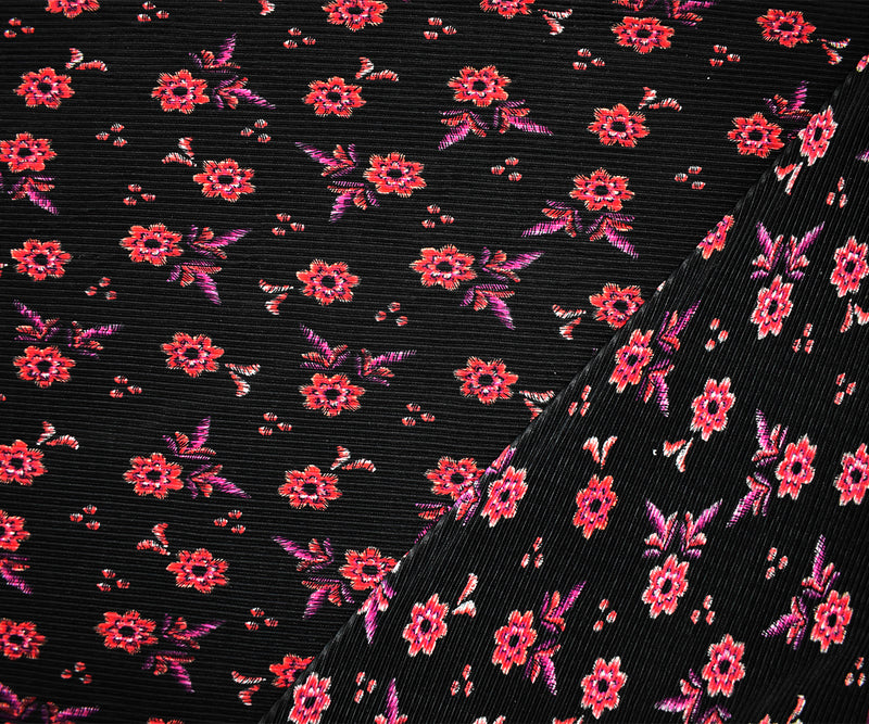 Black-Multi Poly Stretch Spandex Floral Print Pleated Interlock Knit Fabric