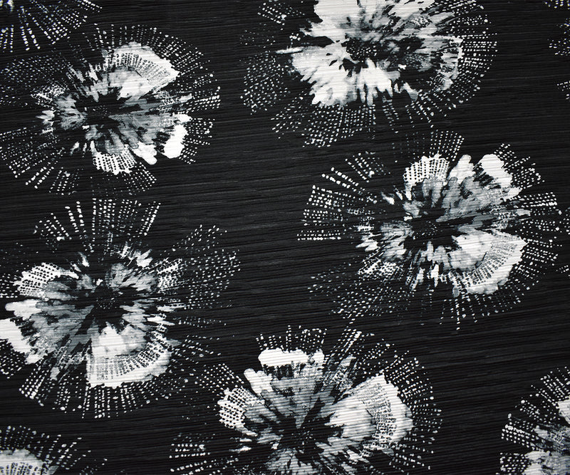 Black-Multi Poly Stretch Spandex Floral Print Pleated Interlock Knit Fabric