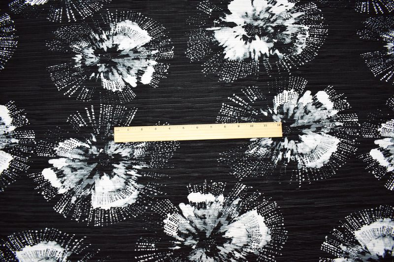 Black-Multi Poly Stretch Spandex Floral Print Pleated Interlock Knit Fabric
