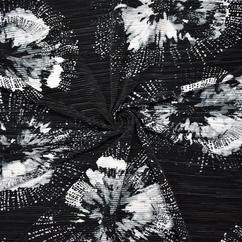 Black-Multi Poly Stretch Spandex Floral Print Pleated Interlock Knit Fabric