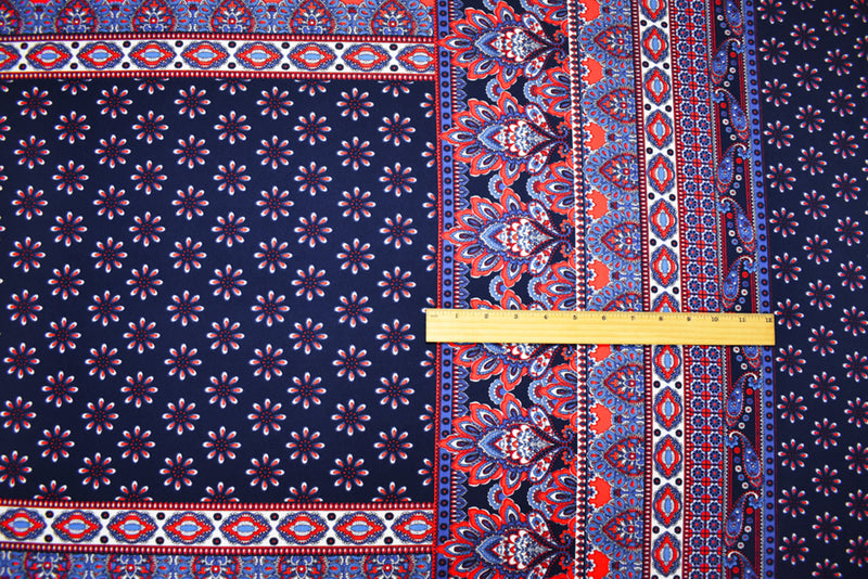 Blue-Multi Poly Stretch Spandex Multi Pattern Printed ITY Crepe Knit Fabric