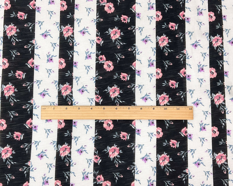Black-White-Multi Poly Floral Print Slub Knit Fabric