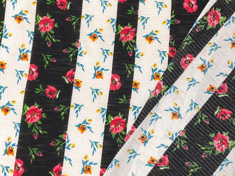 Black-Multi Poly Stretch Floral Print Slub Knit Fabric