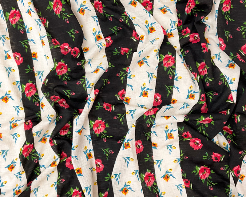 Black-Multi Poly Stretch Floral Print Slub Knit Fabric