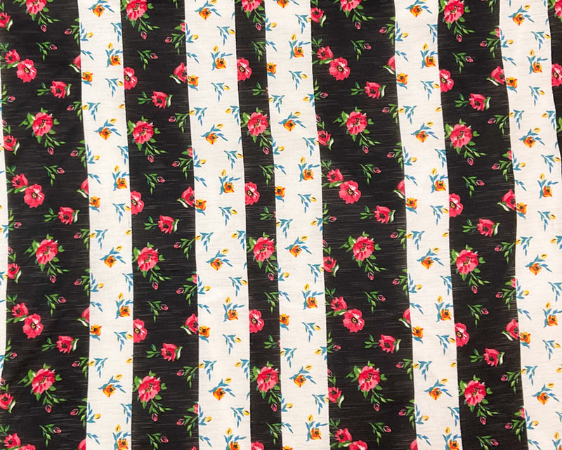 Black-Multi Poly Stretch Floral Print Slub Knit Fabric