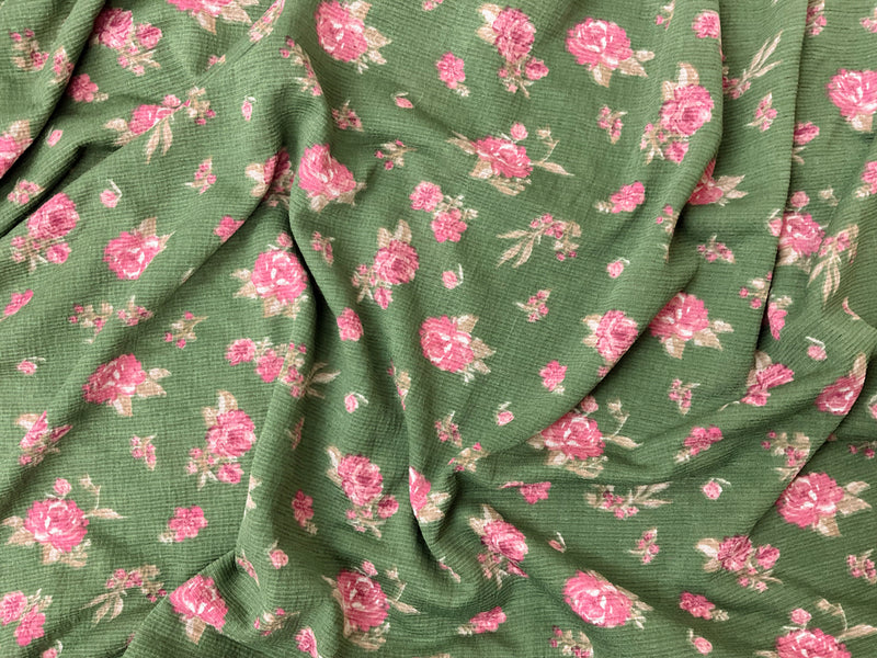 Green-Pink-Multi Floral Printed Sugar Slub Jersey Knit Fabric