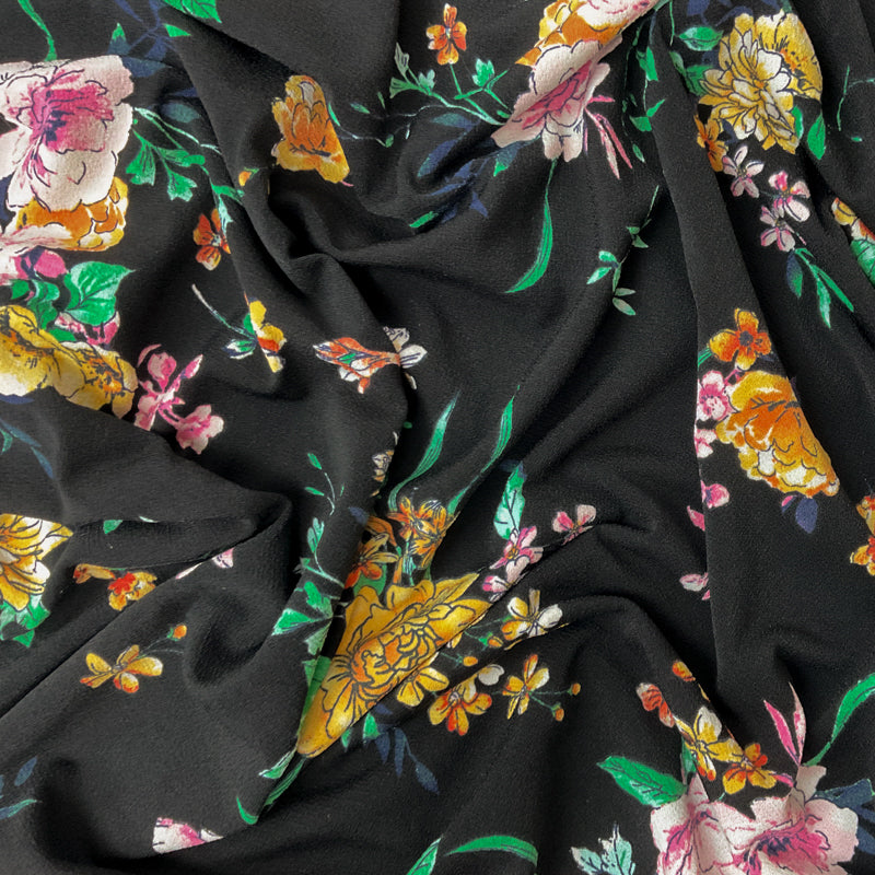 Black-Pink-Multi Poly Floral Printed ITY Moss Crepe Knit Fabric