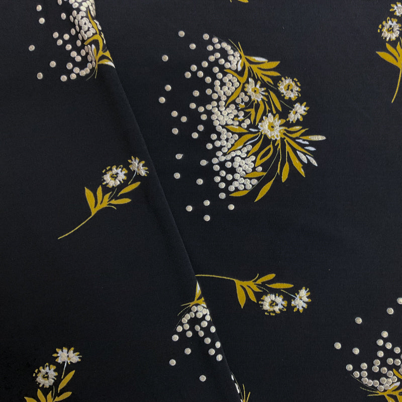 2 YD PC-Black-Multi Poly Floral Dot Puff Printed ITY Jersey Knit Fabric