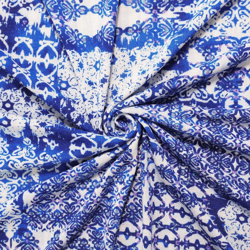 4 YD PC-Blue-White-Multi Poly Moroccan Printed Jersey Knit Fabric