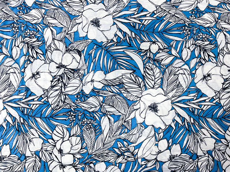 Blue-Navy-White Floral Printed Sugar Slub Jersey Knit Fabric