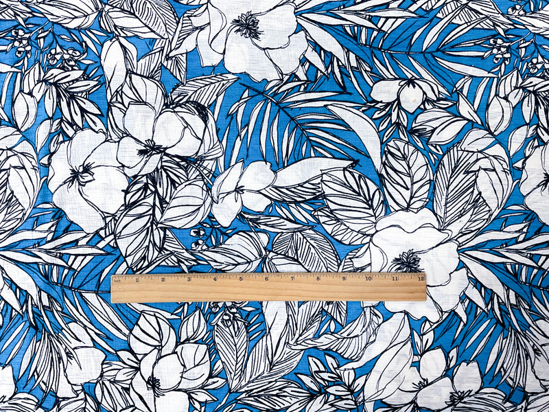 Blue-Navy-White Floral Printed Sugar Slub Jersey Knit Fabric