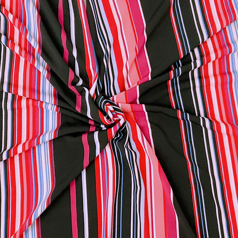 Black-Multi Poly Stretch Stripe Printed ITY Jersey Knit Fabric