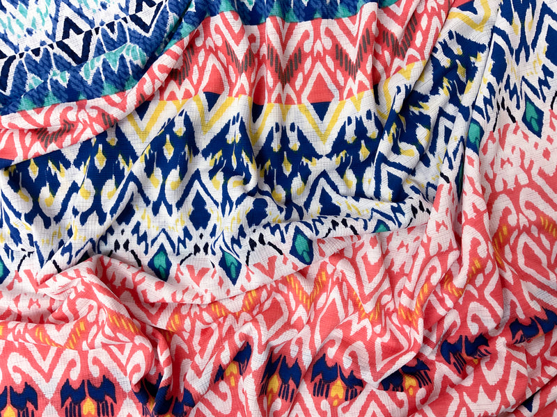 Blue-Yellow-Multi Poly Aztec Print Sugar Slub Jersey Knit Fabric