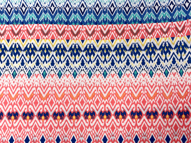 Blue-Yellow-Multi Poly Aztec Print Sugar Slub Jersey Knit Fabric
