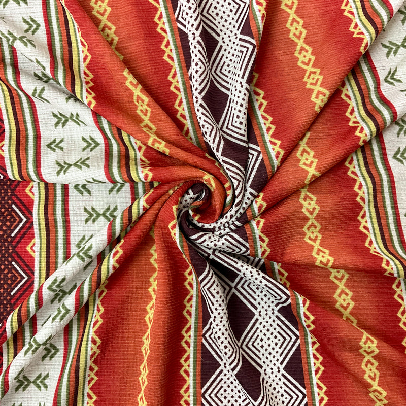 Red-Green-Multi Poly Aztec Printed Sugar Slub Jersey Knit Fabric
