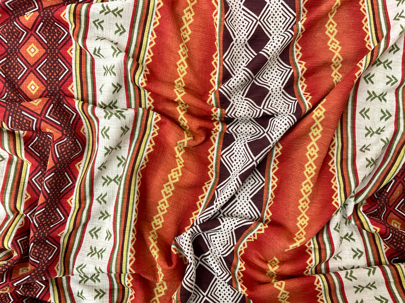 Red-Green-Multi Poly Aztec Printed Sugar Slub Jersey Knit Fabric