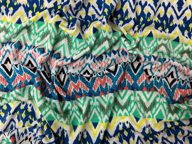 Green-White-Multi Poly Aztec Print Sugar Slub Jersey Knit Fabric