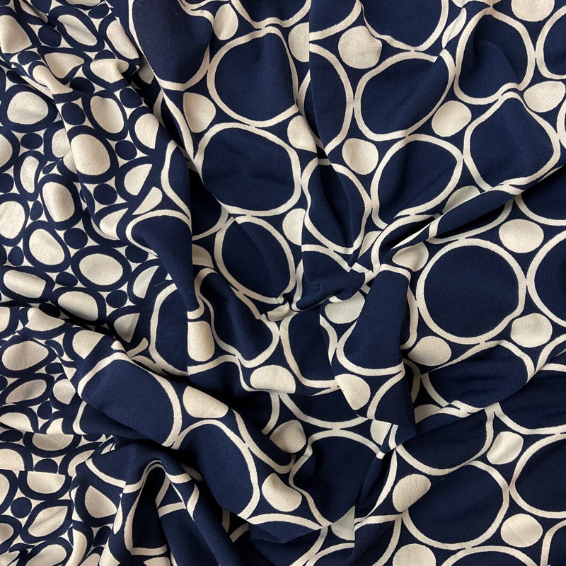 Navy-White Poly Geo Border Printed ITY Jersey Knit Fabric