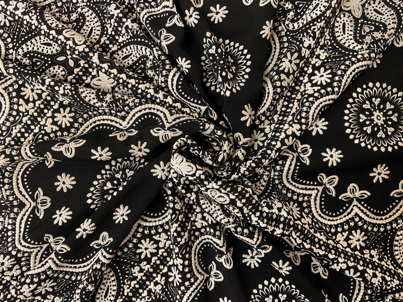 Black-White Poly Floral Tile Puff Printed ITY Jersey Knit Fabric