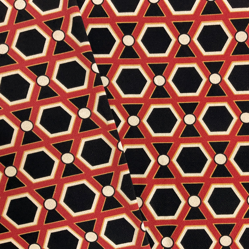 Red-Black-Multi Poly Geometric Printed ITY Moss Crepe Knit Fabric