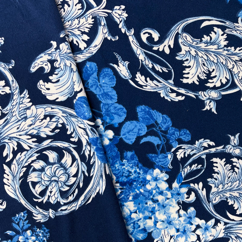 2 3/8 YD PC-Blue-White-Multi Poly Floral Baroque ITY Jersey Knit Fabric