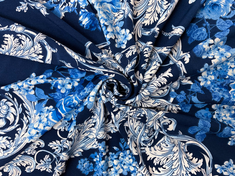 2 3/8 YD PC-Blue-White-Multi Poly Floral Baroque ITY Jersey Knit Fabric