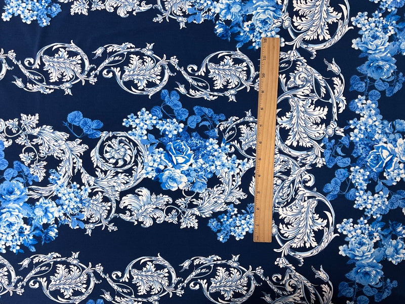 Blue-White-Multi Poly Floral Baroque ITY Jersey Knit Fabric