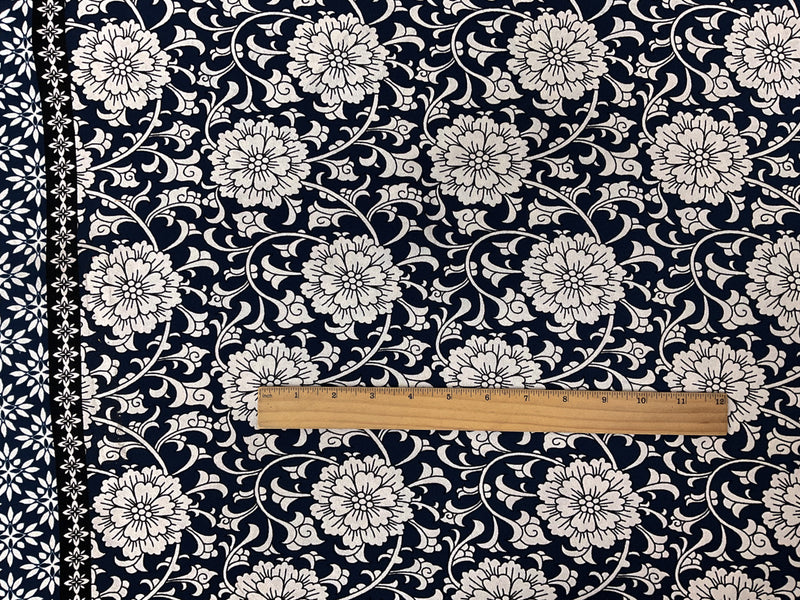Navy-Beige-Black Poly Floral Border ITY Moss Crepe Knit Fabric