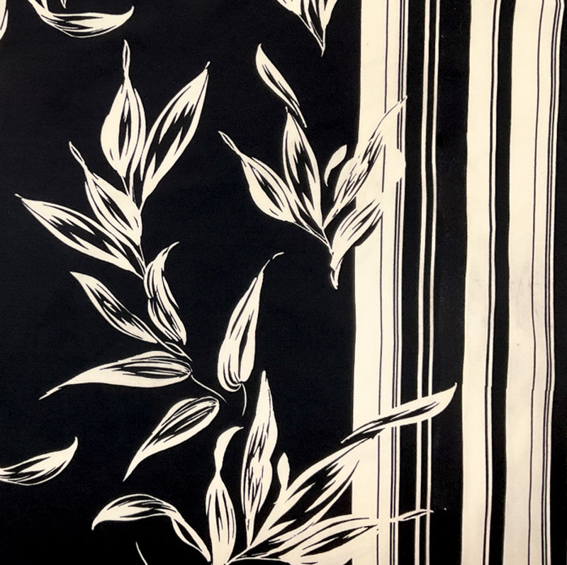 2 1/2 YD PC-Black-Ivory Poly Leaves Border Printed ITY Moss Crepe Knit Fabric