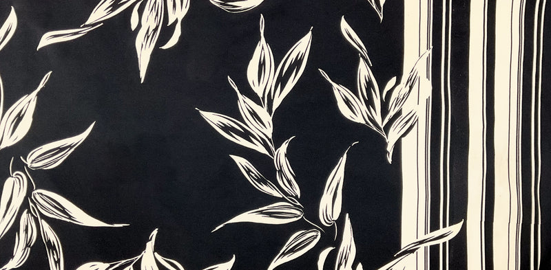 2 1/2 YD PC-Black-Ivory Poly Leaves Border Printed ITY Moss Crepe Knit Fabric