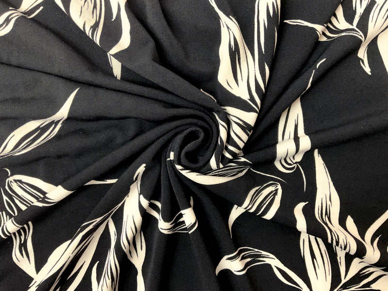 2 1/2 YD PC-Black-Ivory Poly Leaves Border Printed ITY Moss Crepe Knit Fabric