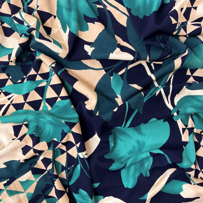 Teal-Multi Poly Geo Leaves Print ITY Moss Crepe Knit Fabric