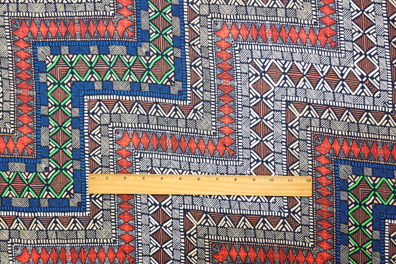 Blue-Red-Multi Rayon-Cotton Aztec Printed Gauze Woven Fabric