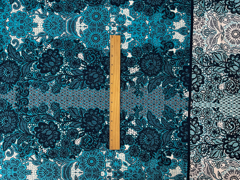 Teal Poly Floral Lace-Like Border Print Interlock Knit Fabric