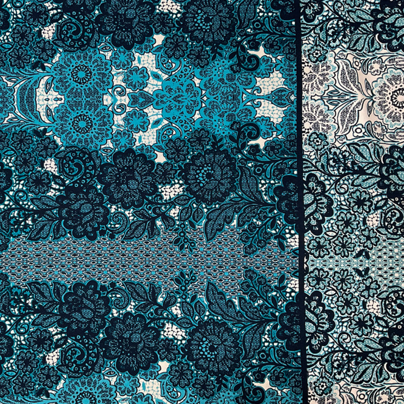 Teal Poly Floral Lace-Like Border Print Interlock Knit Fabric