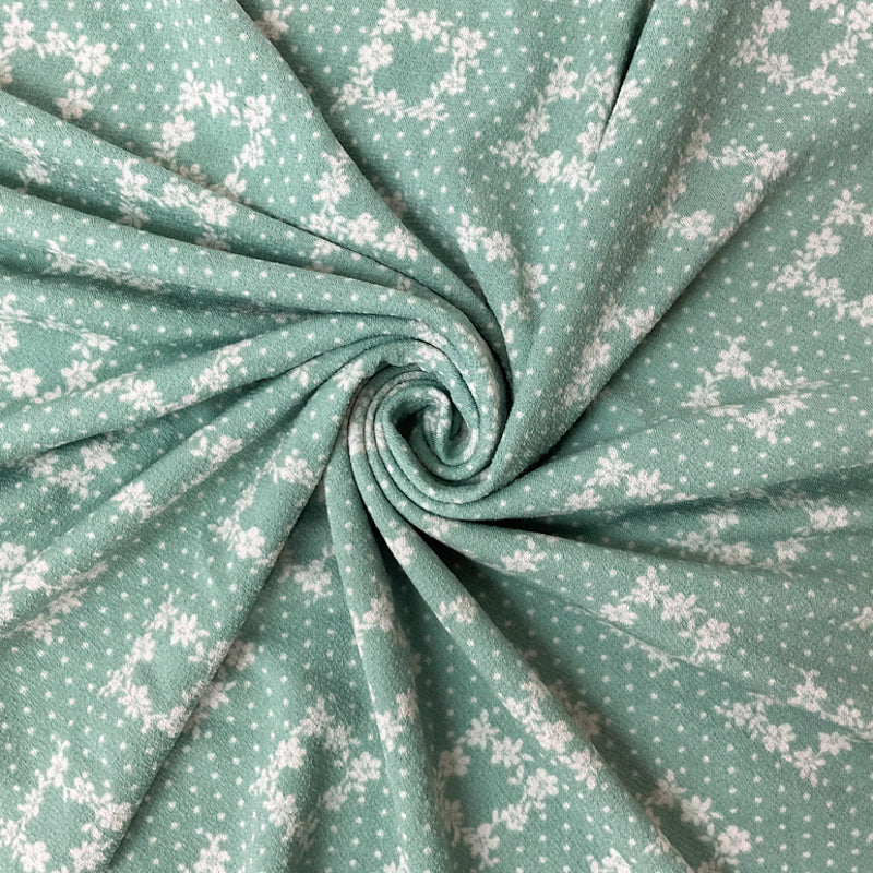 Green-Off-White Poly Floral Dot Print ITY Moss Crepe Knit Fabric