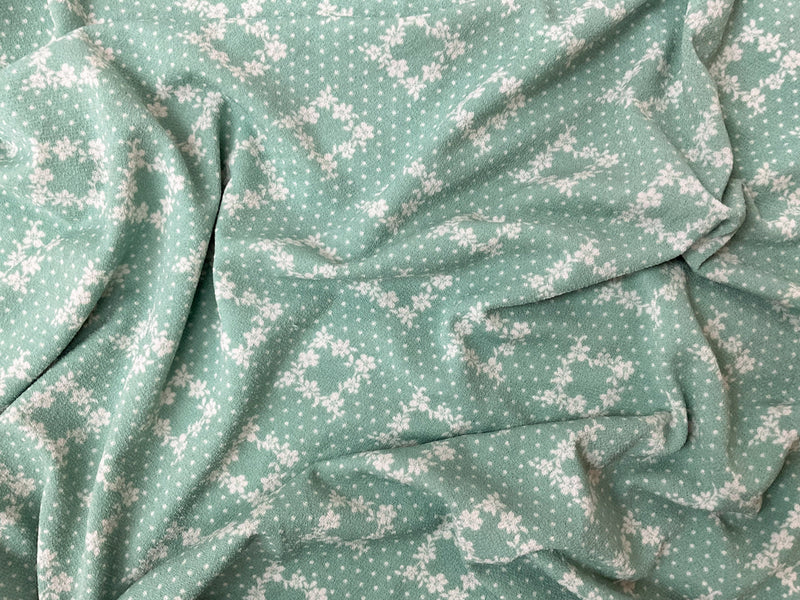 Green-Off-White Poly Floral Dot Print ITY Moss Crepe Knit Fabric